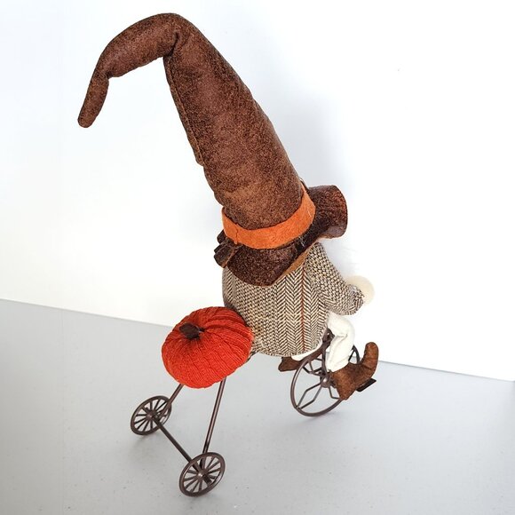 THANKSGIVING GNOME Riding a Bicycle w/ Felt Plush Orange Pumpkin on Bike - Picture 2 of 8